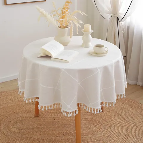 Mantel Redondo Bordado Nórdico Con Borde de Borlas Patrón de Cuadrícula Mezcla de Poliéster y Algodón Decoración de Comedor Fiesta