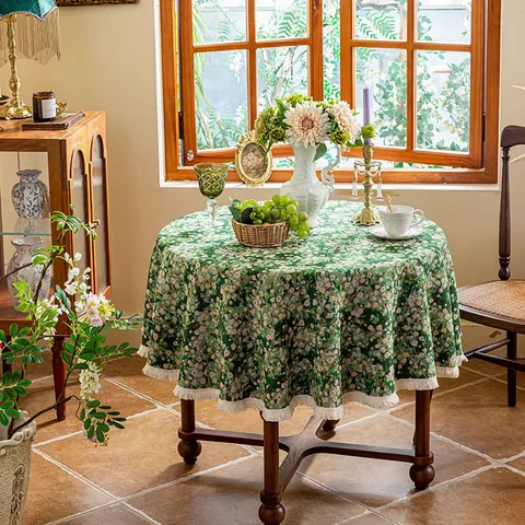 Vintage Jacquard Round Tablecloth With Tassel Fringe American Pastoral Style Floral Pattern Table Cover For Dining Room Decor