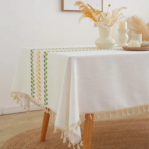 Nordic Cotton Linen Blend Tablecloth With Tassels Embroidered Floral Leaf Pattern Rectangular Square Dining Table Cover For Home Decor