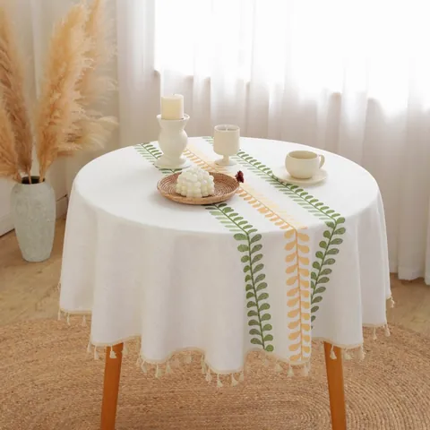 Polyester Linnen Rond Tafelkleed Geborduurd Bloemen Tarwe-aar Noords Pastoraal Tafelkleed Met Kwastjes Decoratief Tafelkleed