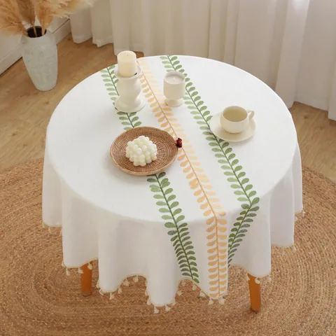 Polyester Linnen Rond Tafelkleed Geborduurd Bloemen Tarwe-aar Noords Pastoraal Tafelkleed Met Kwastjes Decoratief Tafelkleed