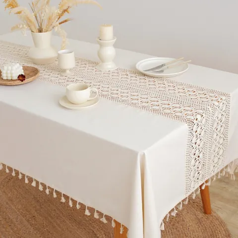 Bohemian Cotton Linen Tablecloth Thickened Hollow Lace Stitching With Tassels Beige Table Cover For Dining Table Home Decor