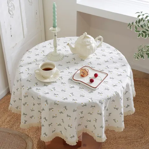 Pastoral Cotton Linen Embroidered Daisy Round Tablecloth With Tassel Edge Floral Dining Table Cover For Home Kitchen Decor