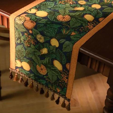 Runner da Tavolo Vintage Americano Motivo Limone Tessuto Jacquard Poliestere Con Nappine per Casa Cucina Sala da Pranzo Tavolino Decorazione