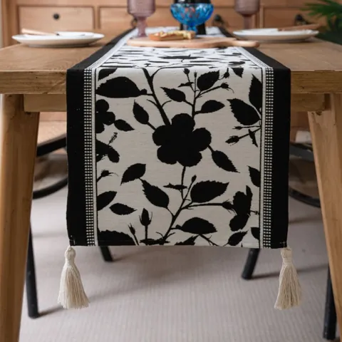 Camino de Mesa Jacquard Floral Blanco Y Negro De Estilo Nórdico Con Borlas De Poliéster Moderno Para Decoración De Comedor Hogar