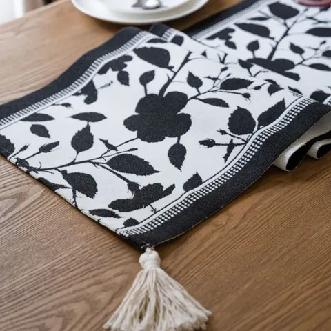 Camino de Mesa Jacquard Floral Blanco Y Negro De Estilo Nórdico Con Borlas De Poliéster Moderno Para Decoración De Comedor Hogar