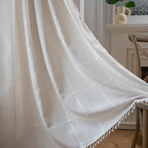 Nordic French Vintage Plaid Embroidery Curtains With Tassels Lace Semi Blackout Farmhouse Half Window Curtain Decor