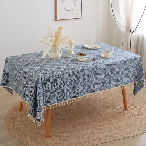 Nappe Jacquard en Polyester Minimaliste Japonaise Avec Glands Motif de Vagues Géométriques Nappe de Table à Manger Rectangulaire Ronde