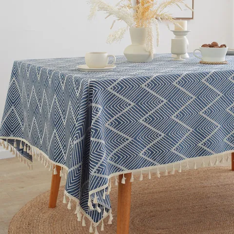 Nappe Jacquard en Polyester Minimaliste Japonaise Avec Glands Motif de Vagues Géométriques Nappe de Table à Manger Rectangulaire Ronde