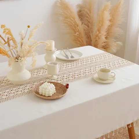 Tovaglia In Cotone E Lino Bohemien Pizzo Cavo Ispessito Con Nappine Copritavolo Beige Per Tavolo Da Pranzo Arredo Casa