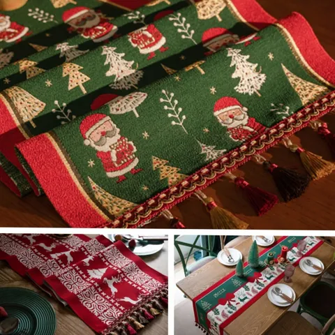 Festlicher Weihnachts Jacquard Tischläufer Mit Quasten Rentier Schneemann Muster Polyester Tischdecke Für Feiertags Heim Deko