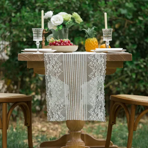 Runner da Tavolo in Pizzo Vintage Francese Con Ricamo Floreale Design Traforato a Strisce Per Matrimonio Festa Giardino Decorazione Tavola Bianco