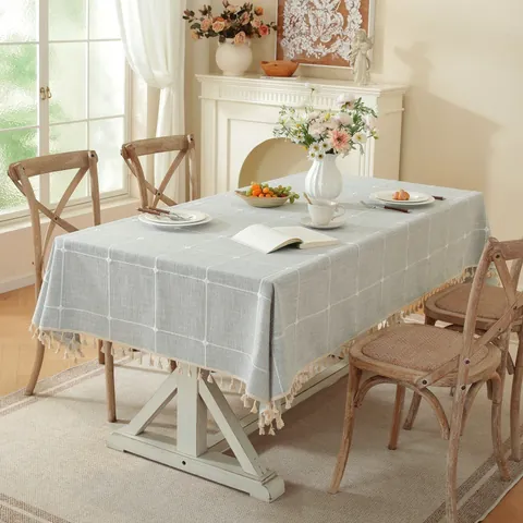 Polyester Jacquard Embroidered Plaid Tablecloth With Tassels Nordic Minimalist Washable Dustproof Rectangular Round Table Cover For Dining Room Kitchen