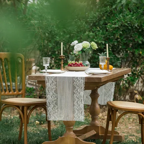 Runner da Tavolo in Pizzo Vintage Francese Con Ricamo Floreale Design Traforato a Strisce Per Matrimonio Festa Giardino Decorazione Tavola Bianco