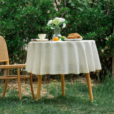 Noords Tafelkleed Rond Katoen Linnen Mix Met Kantrand Voor Eettafel Picknick Bruiloft Buiten Huis Decoratie