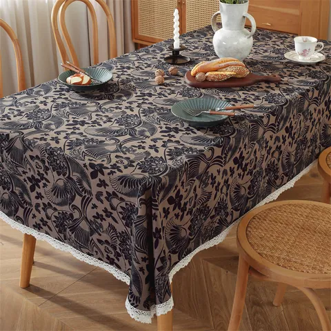 Vintage Botanisch Floral Druck Baumwolle Tischdecke Mit Weißem Spitzenbesatz Retro Kaffeetischdecke Rechteckig Haus Küche Esszimmer Deko