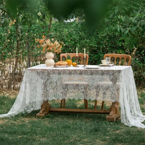 French Vintage White Lace Tablecloth Rectangular Floral Hollow Out Table Cover For Kitchen Dining Outdoor Picnic Decor