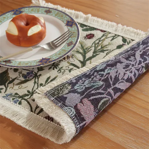 Vintage Floral Jacquard Placemat With Tassel Fringe Heat Insulated Polyester Botanical Pattern Boho Dining Table Decoration