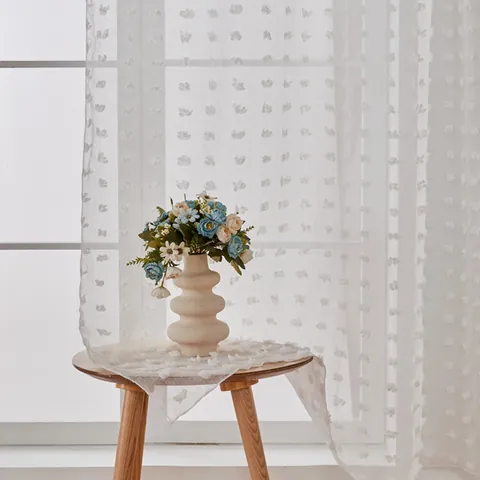 White Pom Pom Sheer Curtains Ruffled Voile Drapes Semi Shading Polyester Window Treatment For Living Room Bedroom Decor