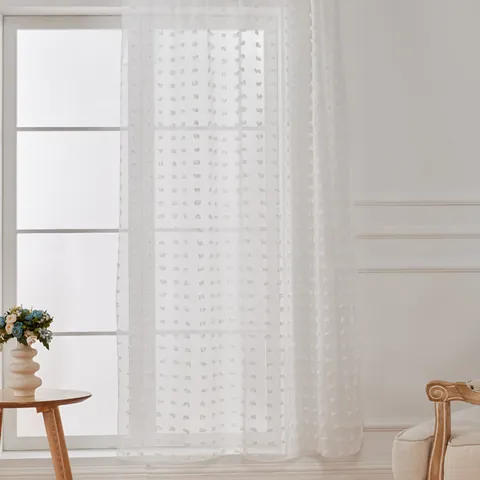 White Pom Pom Sheer Curtains Ruffled Voile Drapes Semi Shading Polyester Window Treatment For Living Room Bedroom Decor