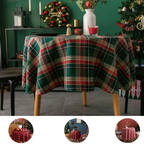 Round Christmas Plaid Tablecloth Polyester Cotton Tartan Gingham Buffalo Plaid Table Cover For Holiday Party Decor