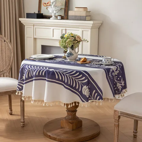 Round Cotton Linen Tablecloth With Tassels Symmetrical Blue Floral Geometric Print Dustproof Table Cover For Kitchen Dining