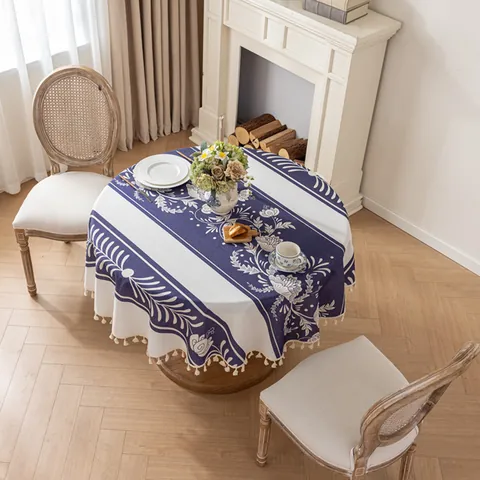 Round Cotton Linen Tablecloth With Tassels Symmetrical Blue Floral Geometric Print Dustproof Table Cover For Kitchen Dining