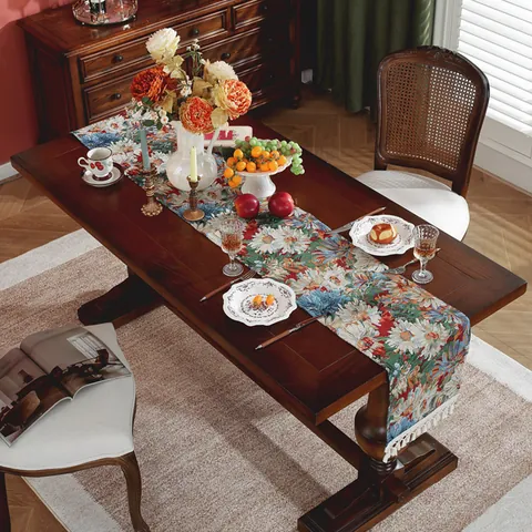 Amerikaans Vintage Jacquard Tafelloper Met Kwastjes Bloemen Polyester Katoen Decoratieve Tafelsjaal Voor Eetkamer Decoratie