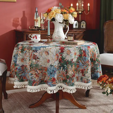 Vintage Round Tablecloth Jacquard Floral Cotton Linen Table Cloth With Tassels For Dining Room Kitchen Decorative Cover