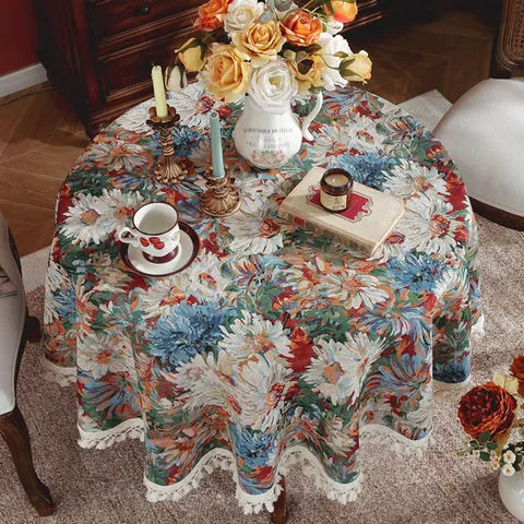 Vintage Round Tablecloth Jacquard Floral Cotton Linen Table Cloth With Tassels For Dining Room Kitchen Decorative Cover