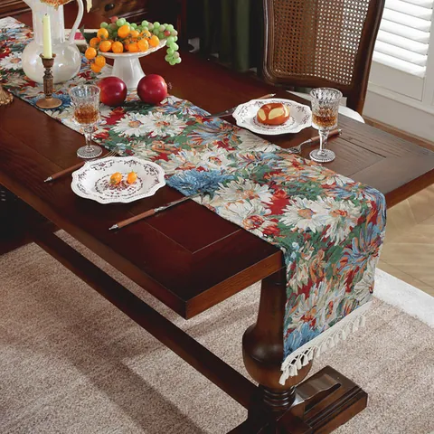 Amerikaans Vintage Jacquard Tafelloper Met Kwastjes Bloemen Polyester Katoen Decoratieve Tafelsjaal Voor Eetkamer Decoratie