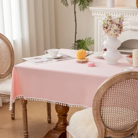 Mantel de Algodón Lavado Con Flecos de Pompones Diseño con Volantes Color Sólido Cubierta de Mesa Rectangular para Boda Fiesta