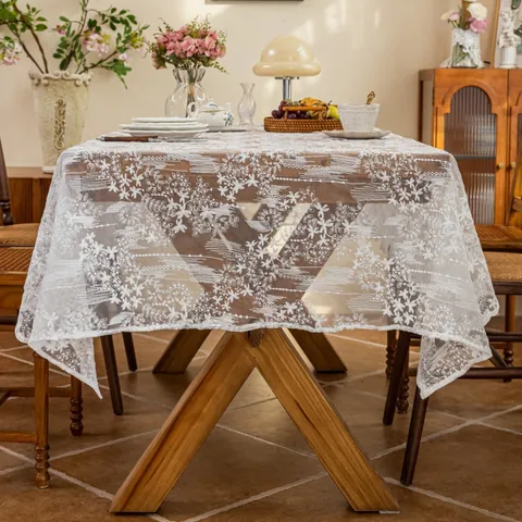 French Vintage White Lace Tablecloth Floral Embroidery Scalloped Edge Hollow Out Table Cover For Wedding Party Home Decor