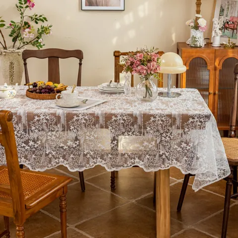 French Vintage White Lace Tablecloth Floral Embroidery Scalloped Edge Hollow Out Table Cover For Wedding Party Home Decor