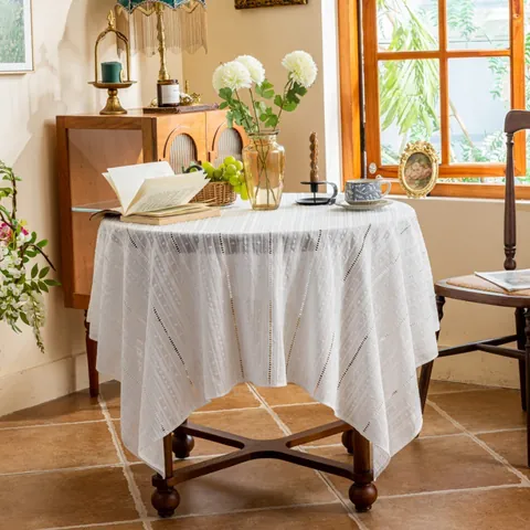 Mantel de Algodón Blanco Estilo Campo Francés Calado Rayado Bordado Borde Festoneado Mantel Decorativo Minimalista