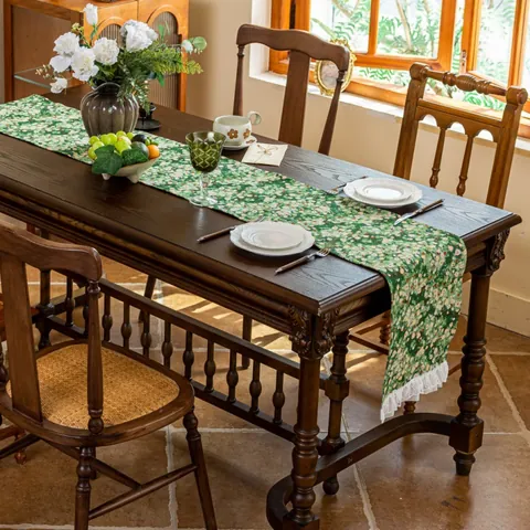 Jacquard Floral Table Runner With Tassels Lace Edge Vintage Pastoral Style Polyester Cotton Blend Home Dining Table Decoration