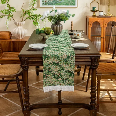 Jacquard Floral Table Runner With Tassels Lace Edge Vintage Pastoral Style Polyester Cotton Blend Home Dining Table Decoration
