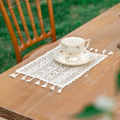Bohemian Cotton Crochet Placemat With Tassels Hollow Out Rectangular Table Mat For Dining Room Kitchen Home Decor Beige