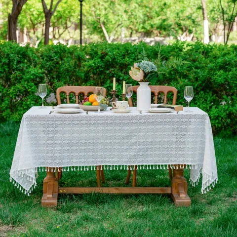 Bohemian Vintage Crochet Lace Tablecloth Hollow Out Rectangular Table Cover With Tassel Fringe For Wedding Party Outdoor