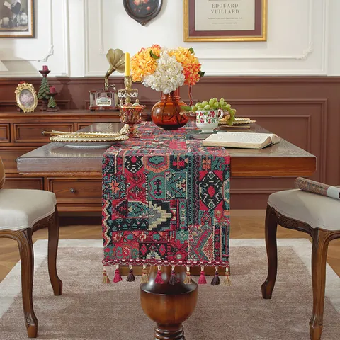 Runner da Tavolo Etnico Bohémien in Jacquard Con Nappe Motivo Floreale Geometrico Vintage Decorazione Tavolo per Casa Festa