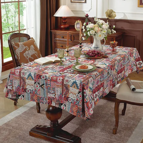Jacquard Polyester Katoen Tafelkleed Amerikaanse Retro Pompoen Bloemenpatroon Met Kwastjes Voor Eetkamer Feest Kamperen Decoratie