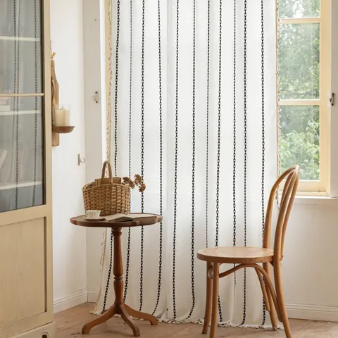 Nordic Bohemian Polyester Striped Tassel Curtain For Living Room Bedroom Geometric Embroidery Semi Blackout Window Drapes