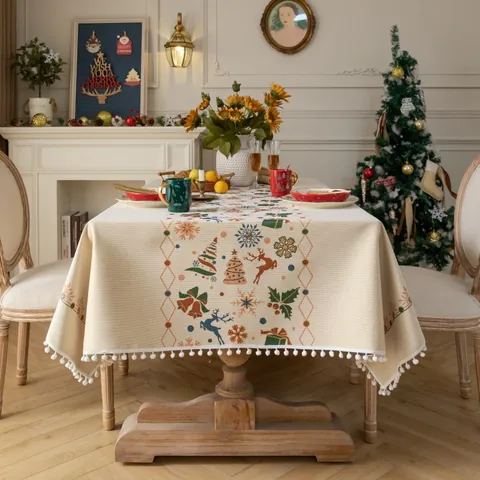 Kerst Jacquard Tafelkleed Polyester Linnen Rendier Sneeuwvlok Patroon Rechthoekig Tafelkleed Met Pompon Kwastjes Thuis Feest Decor