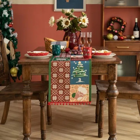 Kerst Jacquard Tafelloper Polyester Tafelkleed Met Pompomfranjes Kerstman Sneeuwpop Patroon Voor Huis Feestdecoratie