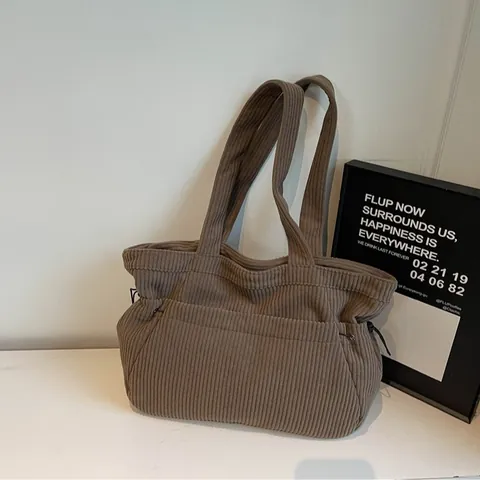 Bolso Tote de Pana de Gran Capacidad para Mujer Minimalista Color Sólido Casual Bolso de Hombro con Cordón Lateral Diario