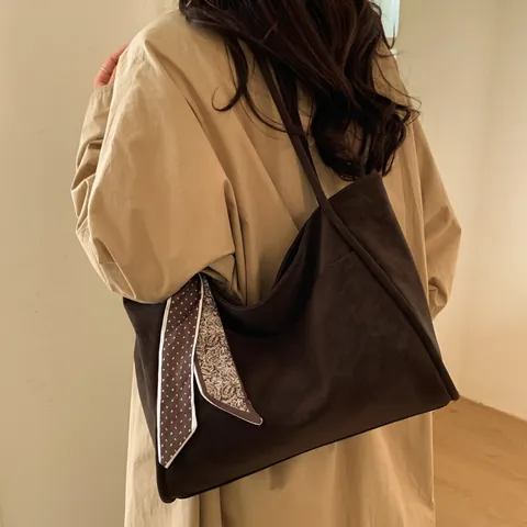 Bolso Tote Retro Casual Para Mujer De Gran Capacidad De Cuero PU Bolso De Hombro Con Pañuelo De Satén Bolso De Mano De Color Sólido Para El Diario