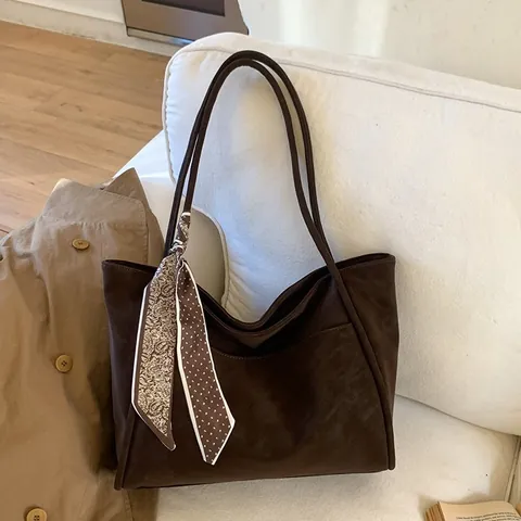 Bolso Tote Retro Casual Para Mujer De Gran Capacidad De Cuero PU Bolso De Hombro Con Pañuelo De Satén Bolso De Mano De Color Sólido Para El Diario