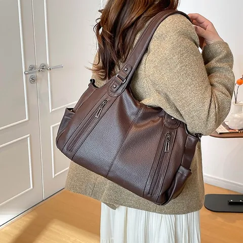 Women's Vintage Large Capacity PU Leather Tote Bag Lychee Pattern Shoulder Crossbody Bag Multi Pocket Commuter Handbag