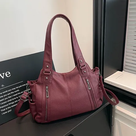 Women's Vintage Large Capacity PU Leather Tote Bag Lychee Pattern Shoulder Crossbody Bag Multi Pocket Commuter Handbag