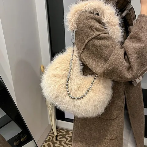 Women's Plush Faux Fur Shoulder Bag Fluffy Crossbody Handbag With Metal Ball Chain Soft Winter Fuzzy Bag For Daily Use